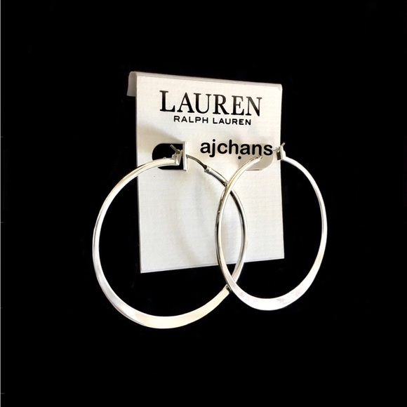 Lauren Ralph Lauren Silver Tone Medium Thin Hoop Earrings - Picture 3 of 4